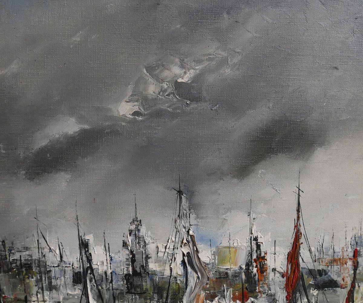 20th-century Oil-on-canvas Landscape Painting Of A Harbor View, Signed -photo-1