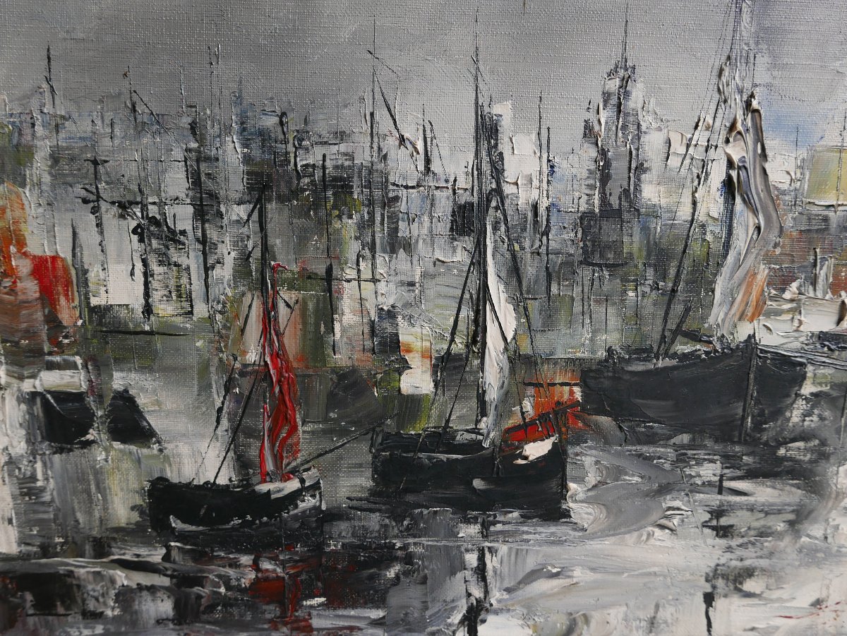 20th-century Oil-on-canvas Landscape Painting Of A Harbor View, Signed -photo-2