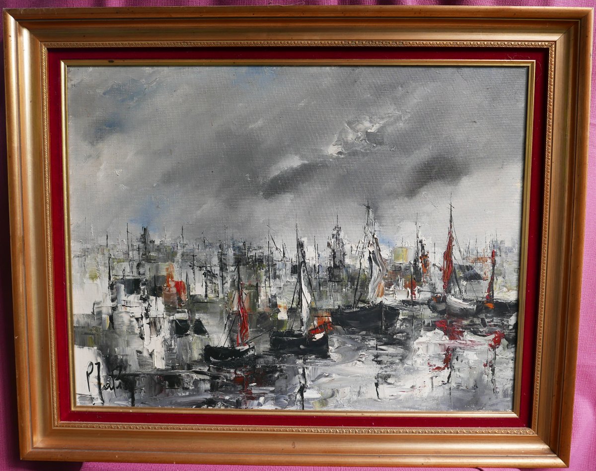 20th-century Oil-on-canvas Landscape Painting Of A Harbor View, Signed 