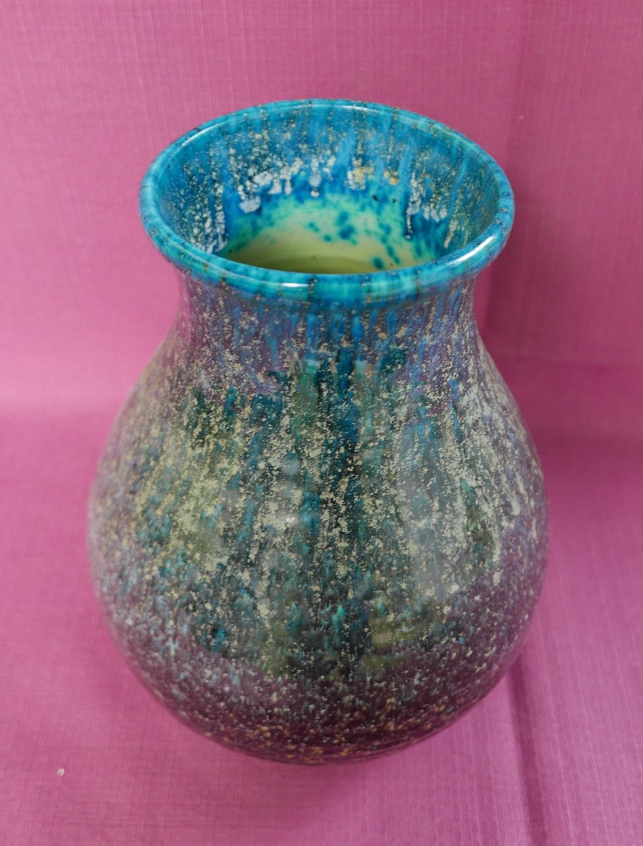 Accolay 1960 Ceramic Vase In Turquoise Blue With Wine-red Gradient-photo-2
