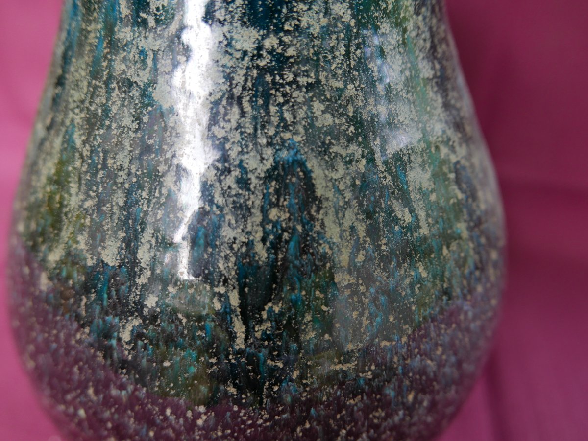 Accolay 1960 Ceramic Vase In Turquoise Blue With Wine-red Gradient-photo-3