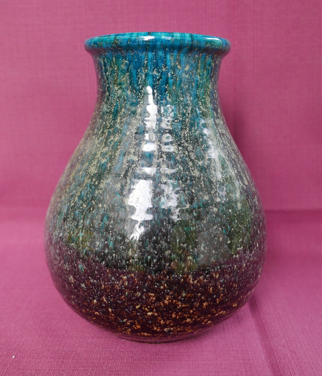 Accolay 1960 Ceramic Vase In Turquoise Blue With Wine-red Gradient