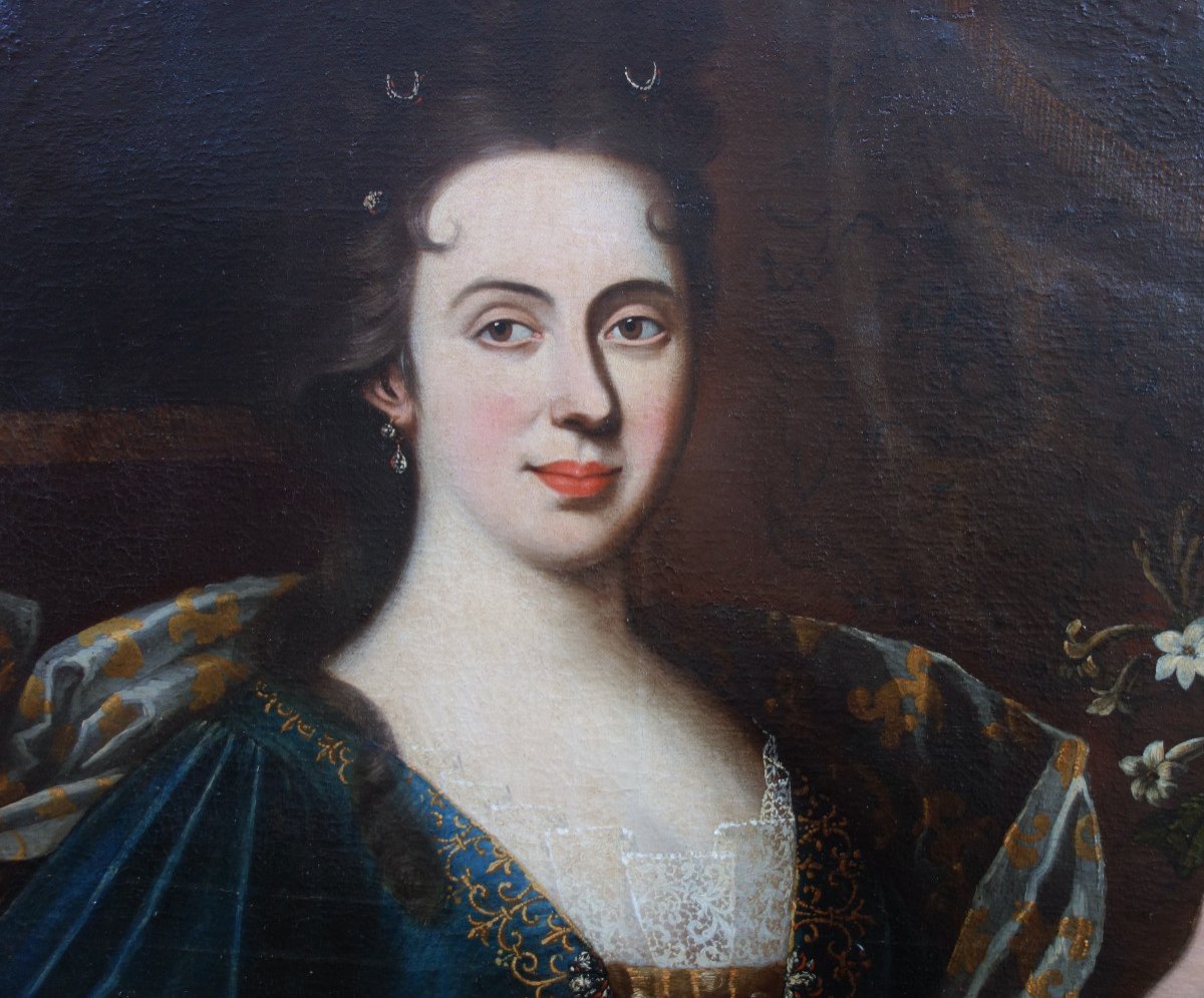 Large Portrait Of A Woman From The Louis XIV Period French School Of The XVIIth Century H/t-photo-7