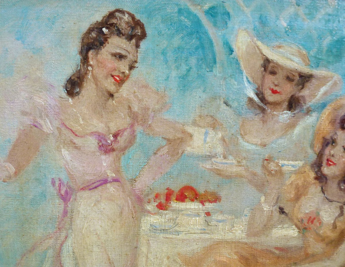 Claude Marcy Genre Scene Women In Tea Oil On Canvas From The Twentieth Century-photo-3
