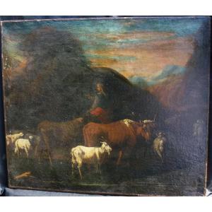 Painting Landscape Peasant Woman And Her Animals Oil / Canvas From The XIXth Century