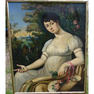 Portrait De Jeune Femme Epoque Ier Empire Huile Sur Toile Du XIXème Siècle