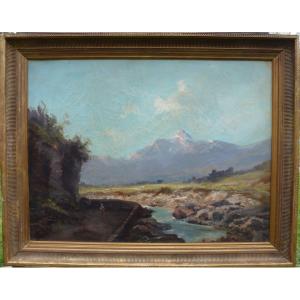 Emile Godchaux Mountain Landscape Oil / Canvas From The XIXth Century