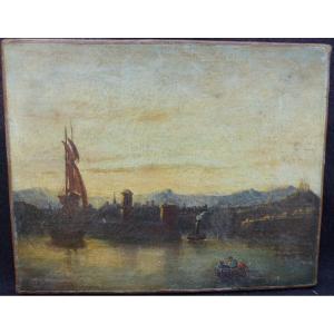 Marine Landscape Painting Animated Port Oil / Canvas From The XIXth Century