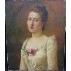 L. Jacob Portrait De Jeune Femme à La Rose Huile/toile Fin XIXème Siècle