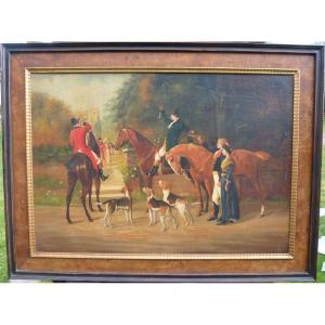 Genre Scene Table Departure From The Hunt With Hounds Oil / Canvas From The XIXth Century