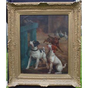 Large Genre Scene Dogs In The Courtyard Oil / Canvas From The Eighteenth Century