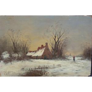 Painting Snowy Landscape North School Oil / Panel From The XIXth Century Signed