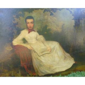 Portrait Of Young Woman In The Park French School Of The XIXth Century Oil / Canvas