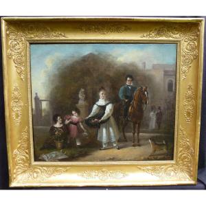 Louis Alex. De Pellicot Painting Family Scene Oil / Canvas From The XIXth Century