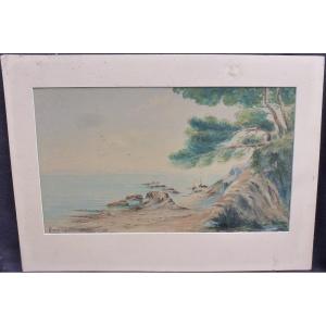 Preire Mediterranean Landscape French School Of The XXth Century Watercolor Signed