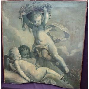 Tableau Grisaille Cherub French School From The Eighteenth Century Oil / Canvas