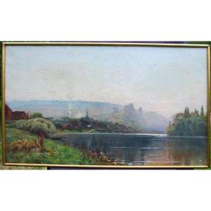 A. Pinta Tableau Paysage Bord De La Seine Andelys Huile/toile Du XIXe Siècle