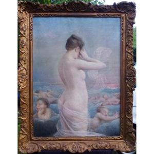 Large Nude Genre Scene Of Woman Oil/canvas 19th Century