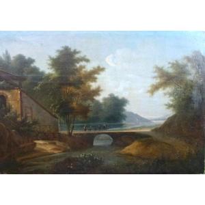 Tableau Paysage Boisé Animé Au Pont Huile/toile Du XIXème Siècle