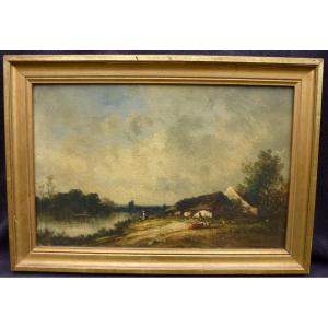 Victor Dupré Paysage De Champêtre Bords De Lac Huile/toile Du XIXème Siècle