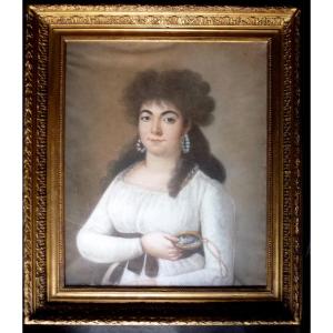 Grand Portrait De Jeune Femme Ier Empire Pastel Sous Verre Début XIXème Siècle