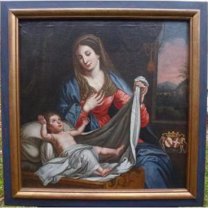 Bouchet Tableau Religieux Vierge à l'Enfant Huile/toile XVIIème Siècle Armoiries