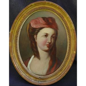 Portrait d'une Jeune Femme d'Epoque Louis XVI Huile/Carton du XVIIIe siècle