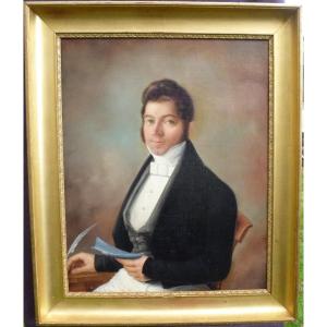 Grand Portrait De Jeune Homme Epoque Ier Empire Huile/toile Début XIXème Siècle