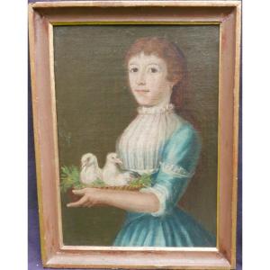 Portrait Of Woman With Doves Oil/canvas From The 18th Century Italian School