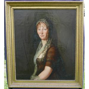 Grand Portrait De Femme Epoque Ier Empire Huile/toile Début XIXème Siècle