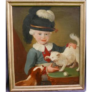 Bonneville Portrait Of Young Man Dog And Cat Oil/canvas From The 18th Century