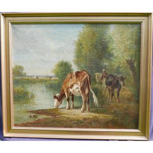 Painting Of Cows Pondside Landscape Oil/canvas From The End Of The 19th Century