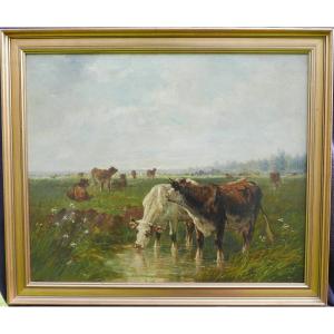 Painting Of Cows Riverside Landscape Oil/canvas From The End Of The 19th Century