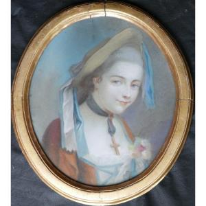 Portrait De Jeune Femme Au Chapeau Epoque Louis XV Pastel Du XVIIIème Siècle