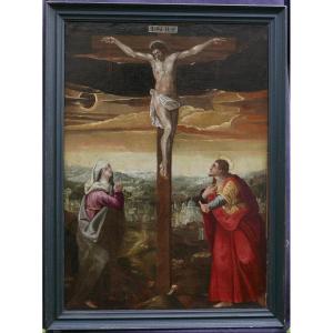 Grande Scène Religieuse Crucifixion De Jésus Christ Huile/toile Du XVIIe Siècle