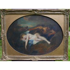 Scène De Genre Nymphe Et Satyre Huile/toile Du XIXème Siècle d'Après Watteau