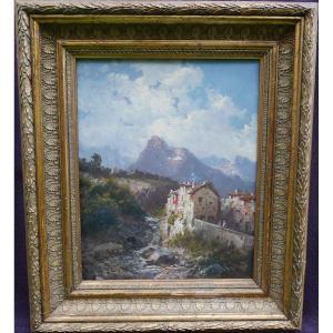 Alfred Godchaux Tableau Paysage Village De Montagne Huile/toile Du XIXème Siècle