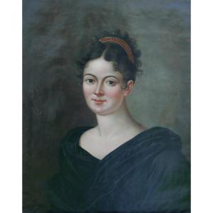 Portrait De Jeune Femme d'Epoque Louis XVIII Huile/toile Du XIXème Siècle