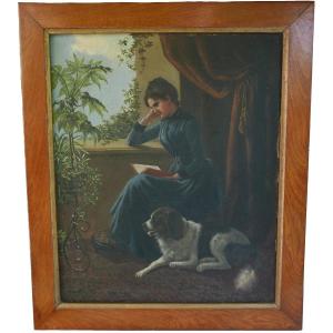 Portrait De Femme à La Lecure Et Son Chien Huile/toile Fin XIXème Siècle Signée