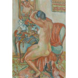 Didier Berémy Nude Portrait Of Woman In Mirror Oil/canvas 20th Century Signed