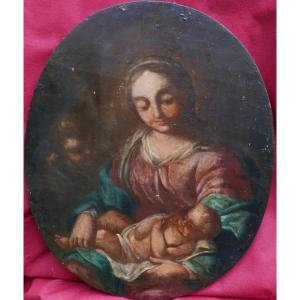 Tableau Religieux Vierge à l'Enfant Huile/panneau Fin Du XVIIIème Siècle