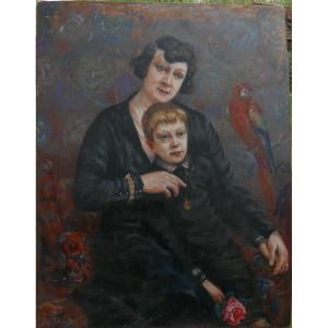 Jelio Portrait Of Woman And Child With Parrot Oil/panel 20th Century Signed