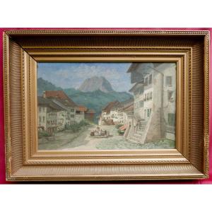 Landscape Village Square Oil/panel Late 19th Century