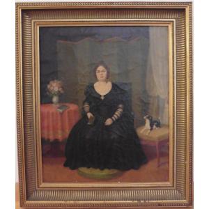 Portrait Of A Woman With A Dog, French School, 19th Century, Oil/canvas