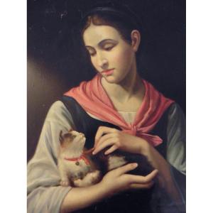 Portrait Of A Young Woman With A Cat Oil On Canvas Early 20th Century