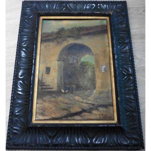 Tableau Paysage Rue à l'Arche Village Signé Possi Huile/Panneau du XIXème siècle