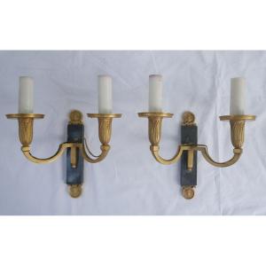 2 Directoire Style Wall Lights In Gilded Bronze And Polished Iron Vintage