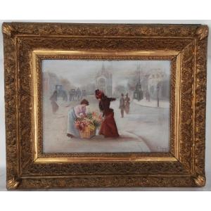 Scène de Genre Parisienne Signé Léonie Lebas Huile/Panneau fin XIXème Siècle