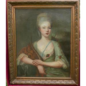 Portrait de Femme Diane Chasseresse Huile/Toile du XVIIIème siècle