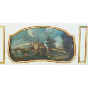 18th Century Oil/canvas Landscape Painting At The Top Of A Door